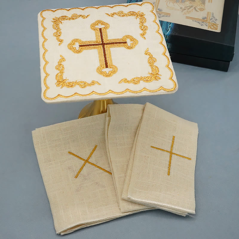 AMUSOUL Classic Style Golden Cross Embroidered  Elegant Religious Altar Linen Set