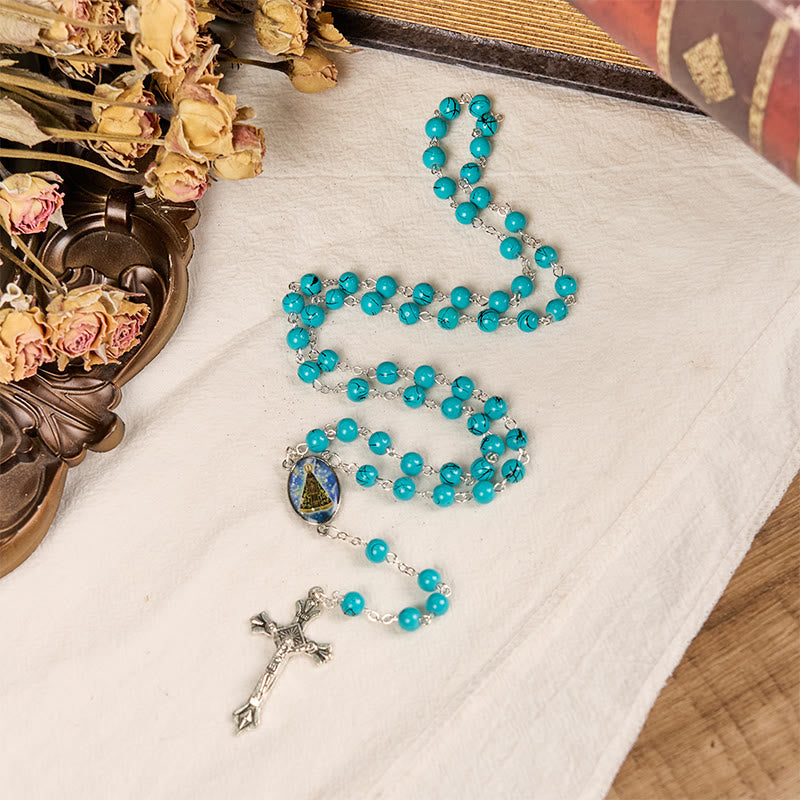 AMUSOUL Our Lady of Aparecida & Crucifix of 8 mm Round Green Glass Alloy Chain Rosary