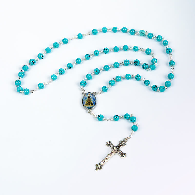 AMUSOUL Our Lady of Aparecida & Crucifix of 8 mm Round Green Glass Alloy Chain Rosary