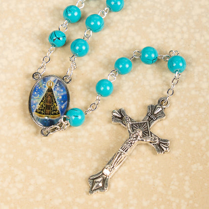 AMUSOUL Our Lady of Aparecida & Crucifix of 8 mm Round Green Glass Alloy Chain Rosary