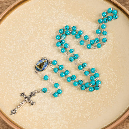 AMUSOUL Our Lady of Aparecida & Crucifix of 8 mm Round Green Glass Alloy Chain Rosary
