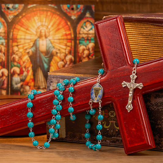 AMUSOUL Our Lady of Aparecida & Crucifix of 8 mm Round Green Glass Alloy Chain Rosary