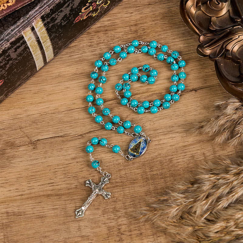 AMUSOUL Our Lady of Aparecida & Crucifix of 8 mm Round Green Glass Alloy Chain Rosary