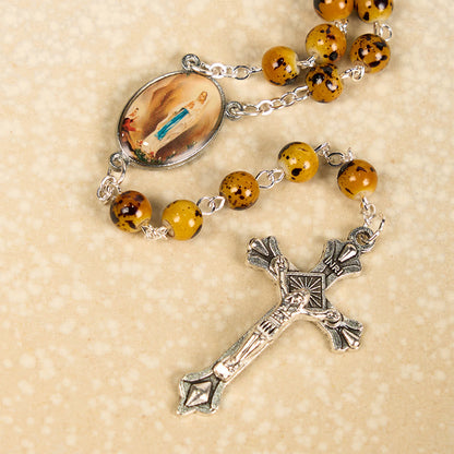 AMUSOUL Our Lady of Fatima & Crucifix of 8 mm Round Pattern Stone Alloy Chain Rosary