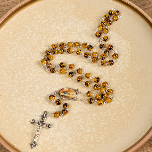 AMUSOUL Our Lady of Fatima & Crucifix of 8 mm Round Pattern Stone Alloy Chain Rosary