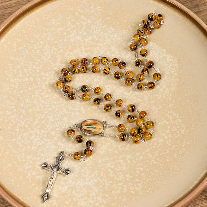 AMUSOUL Our Lady of Fatima & Crucifix of 8 mm Round Pattern Stone Alloy Chain Rosary