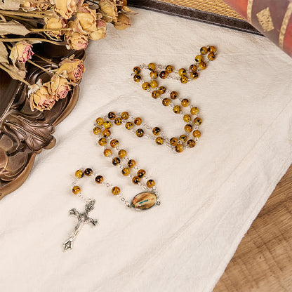 AMUSOUL Our Lady of Fatima & Crucifix of 8 mm Round Pattern Stone Alloy Chain Rosary