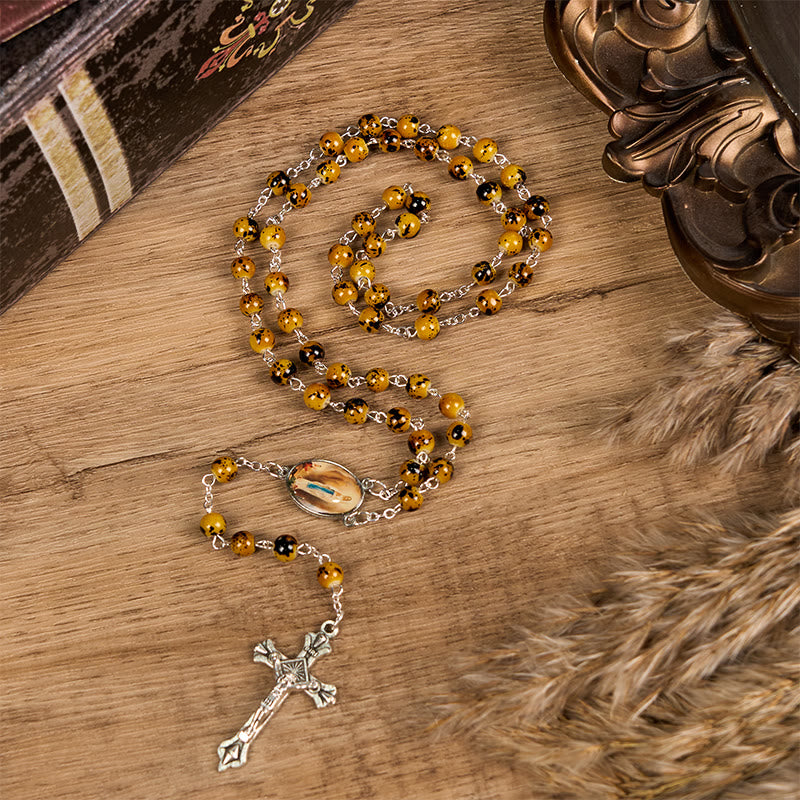 AMUSOUL Our Lady of Fatima & Crucifix of 8 mm Round Pattern Stone Alloy Chain Rosary
