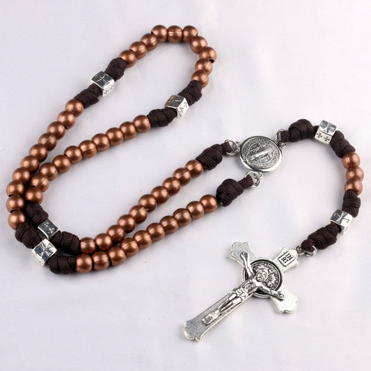 AMUSOUL St. Benedict Medal & Crucifix of 10mm Round Multicolor Wood Paracord Rosary