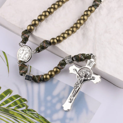 AMUSOUL St. Benedict Medal & Crucifix of 10mm Round Multicolor Wood Paracord Rosary