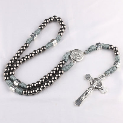 AMUSOUL St. Benedict Medal & Crucifix of 10mm Round Multicolor Wood Paracord Rosary