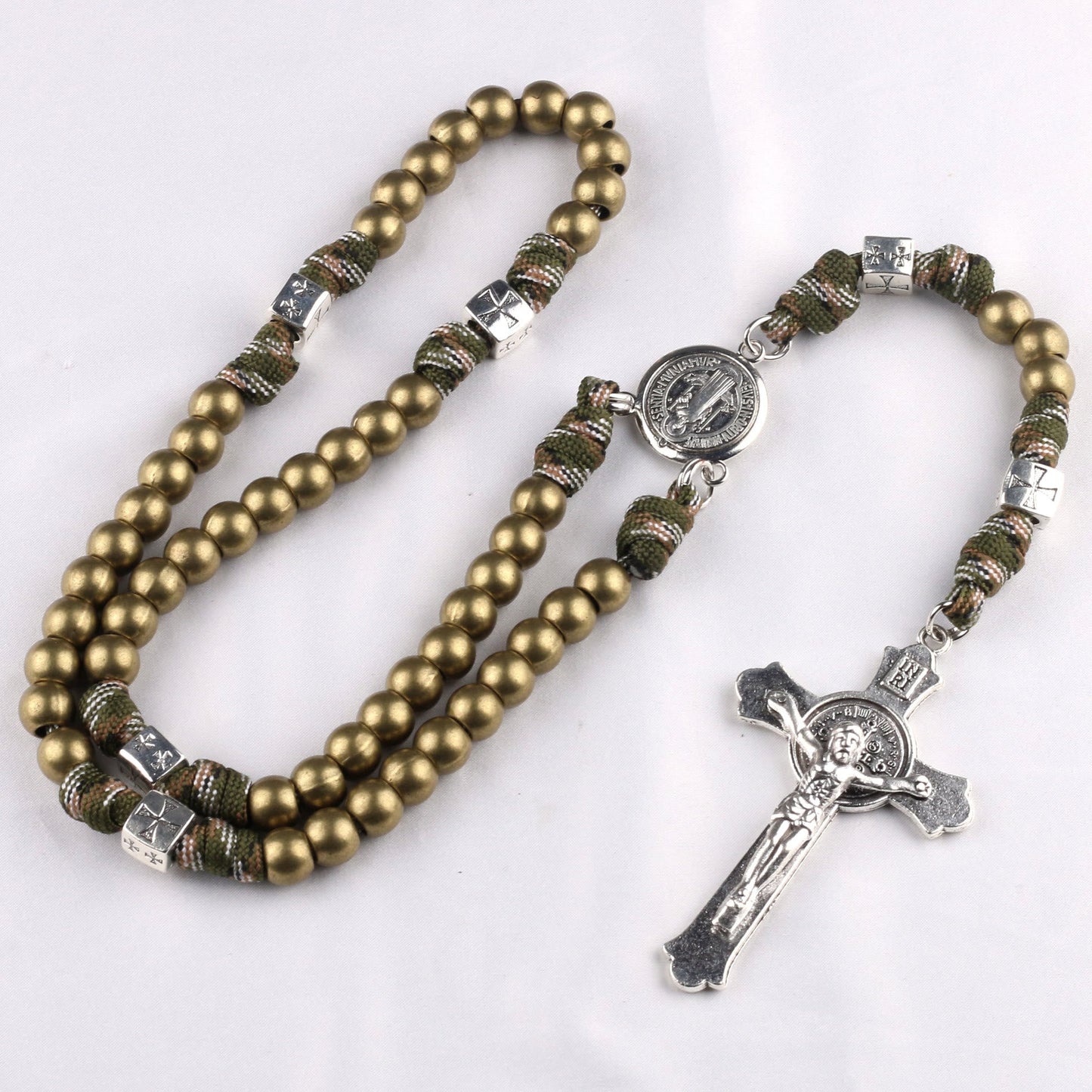 AMUSOUL St. Benedict Medal & Crucifix of 10mm Round Multicolor Wood Paracord Rosary