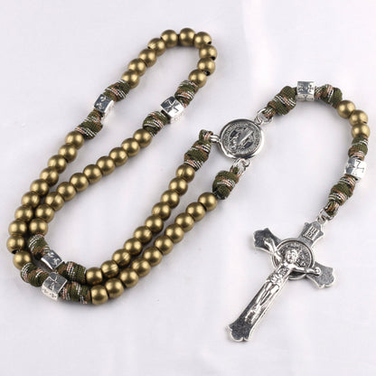 AMUSOUL St. Benedict Medal & Crucifix of 10mm Round Multicolor Wood Paracord Rosary