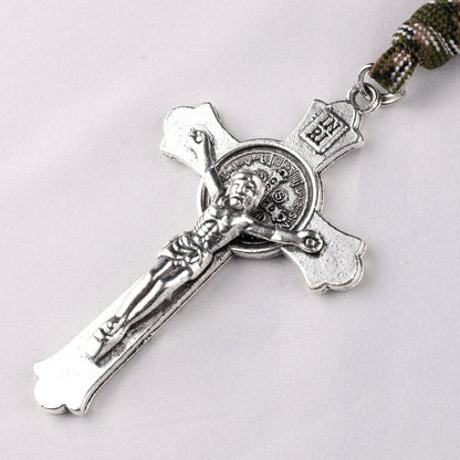 AMUSOUL St. Benedict Medal & Crucifix of 10mm Round Multicolor Wood Paracord Rosary