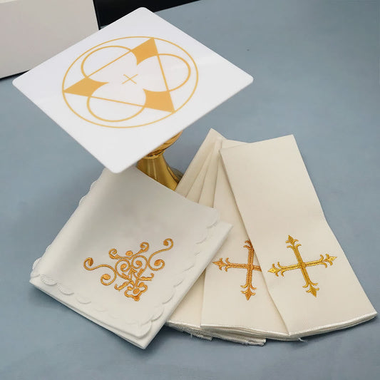 AMUSOUL  Divine Cross and Scroll Chalice Veil & Purificator Set Religious Altar Linen Set