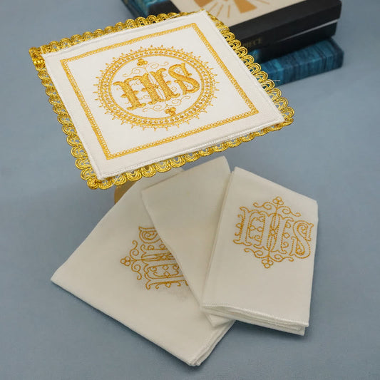 AMUSOUL  Gold Embroidered Chalice Veil & Purificator Set Religious Altar Linen Set (IHS Design)
