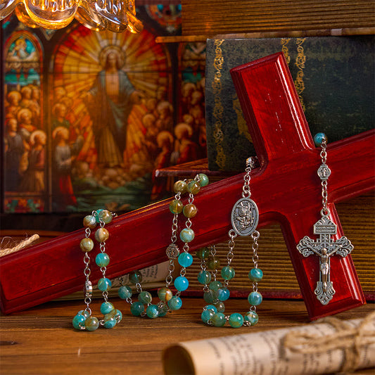 AMUSOUL Our Lady of Aparecida & Crucifix of 8mm Round Green Acrylic Alloy Chain Rosary