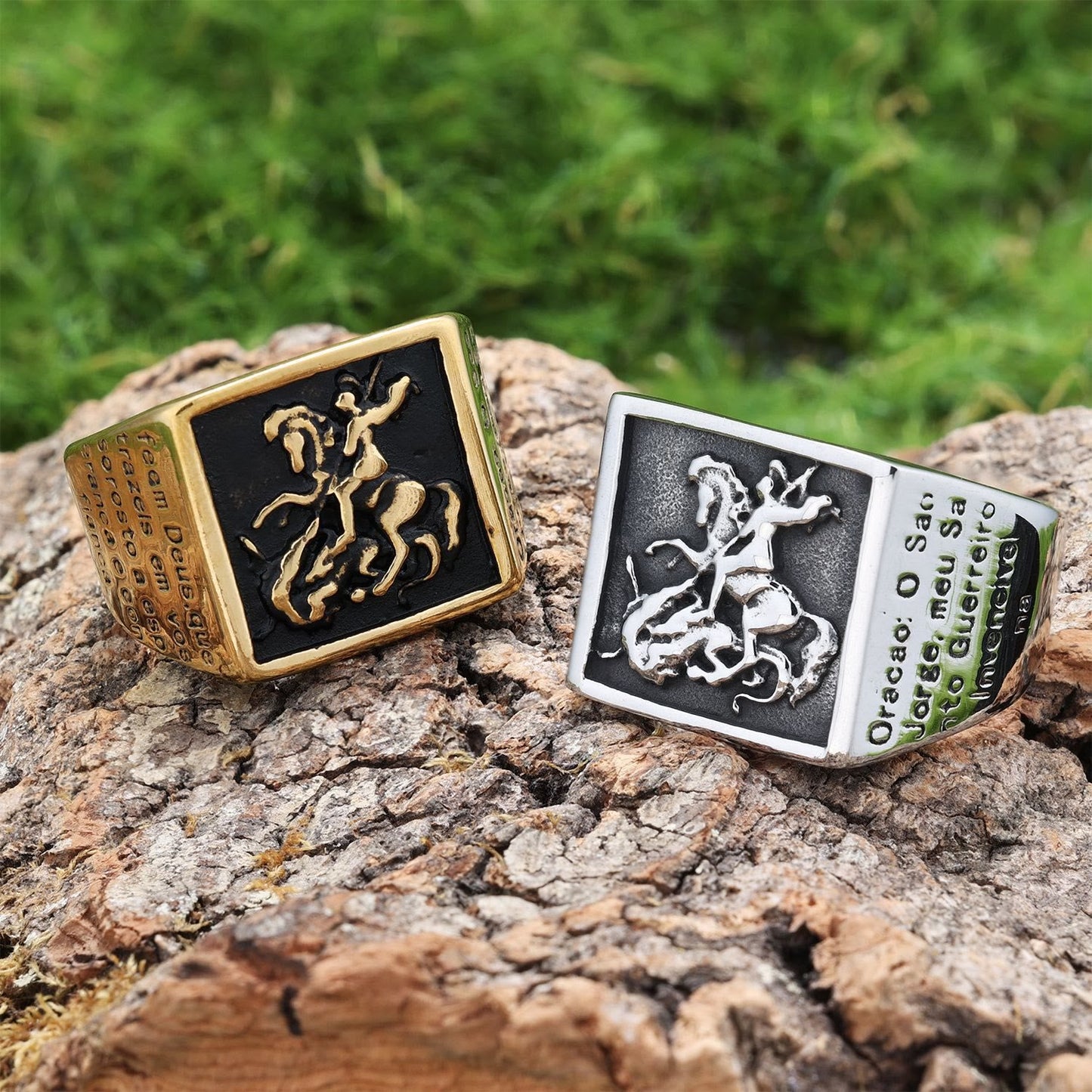 AMUSOUL  Retro Classic Style St. George Warrior Slave the Dragon Divine Protection Ring