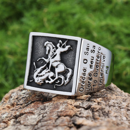 AMUSOUL  Retro Classic Style St. George Warrior Slave the Dragon Divine Protection Ring