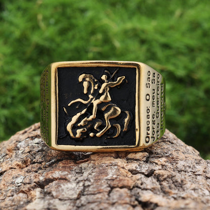 AMUSOUL  Retro Classic Style St. George Warrior Slave the Dragon Divine Protection Ring