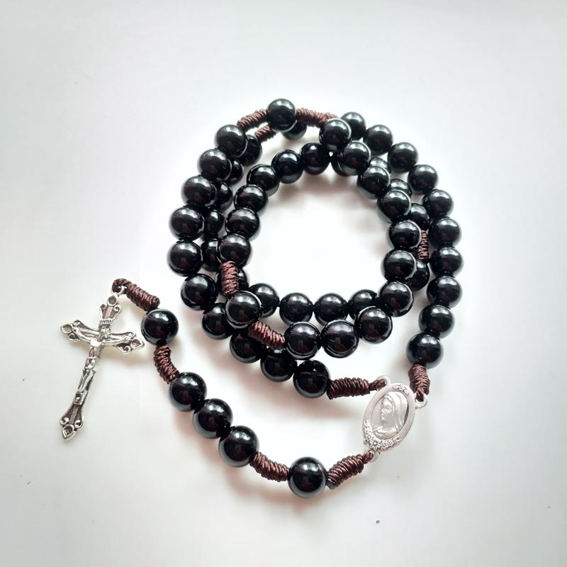 AMUSOUL Our Lady & Crucifix of 10mm Round Blue/Black Acrylic Nylon Cord Rosary