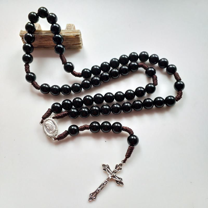 AMUSOUL Our Lady & Crucifix of 10mm Round Blue/Black Acrylic Nylon Cord Rosary