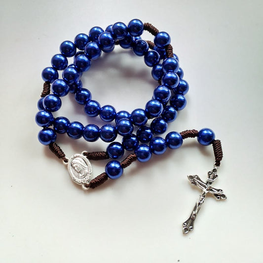 AMUSOUL Our Lady & Crucifix of 10mm Round Blue/Black Acrylic Nylon Cord Rosary