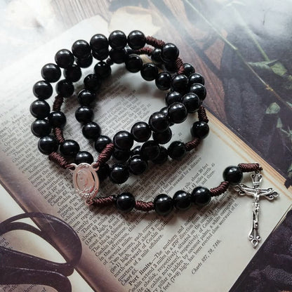 AMUSOUL Our Lady & Crucifix of 10mm Round Blue/Black Acrylic Nylon Cord Rosary