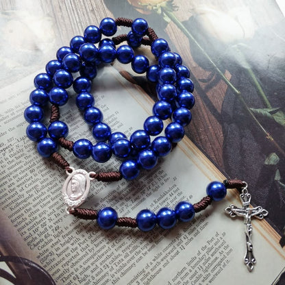AMUSOUL Our Lady & Crucifix of 10mm Round Blue/Black Acrylic Nylon Cord Rosary