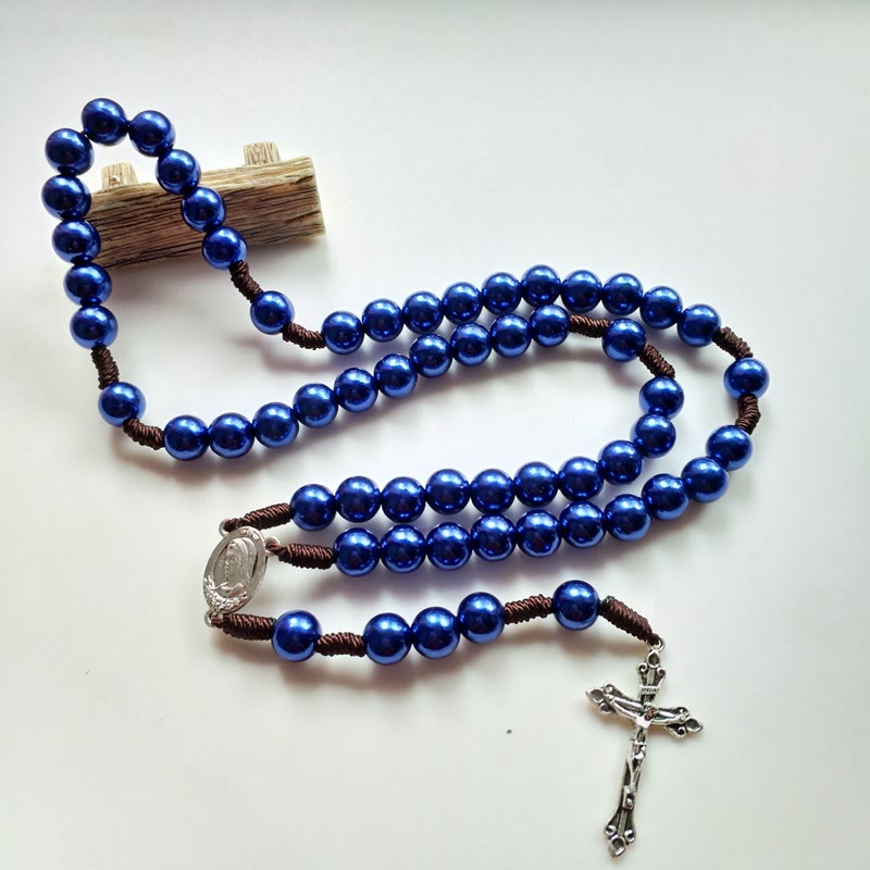 AMUSOUL Our Lady & Crucifix of 10mm Round Blue/Black Acrylic Nylon Cord Rosary