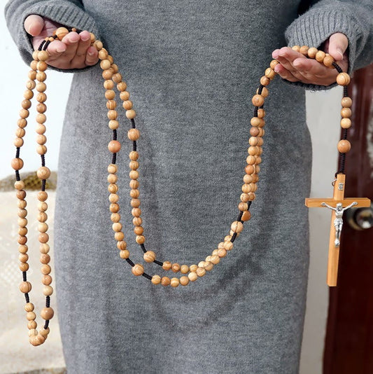 AMUSOUL 12mm Olive Wood Beads Fifteen Decade Praying Rosary of the Blessed