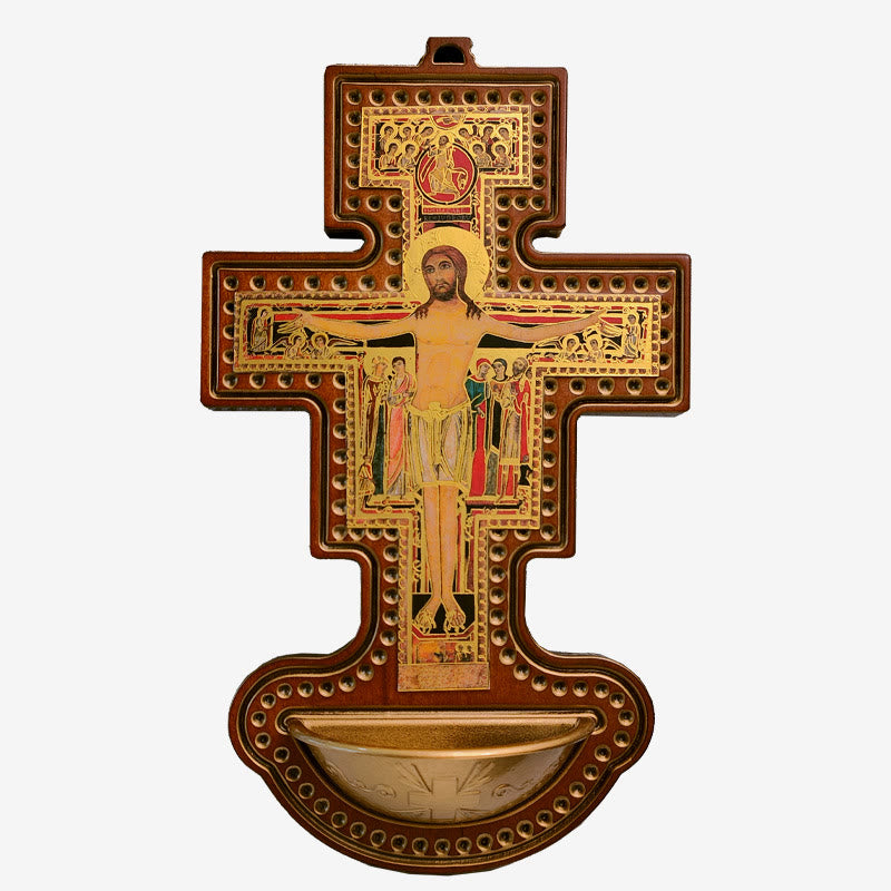 AMUSOUL  Damian Holy Water Font Station of the Cross Olive Wood Cross