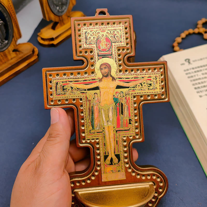 AMUSOUL  Damian Holy Water Font Station of the Cross Olive Wood Cross