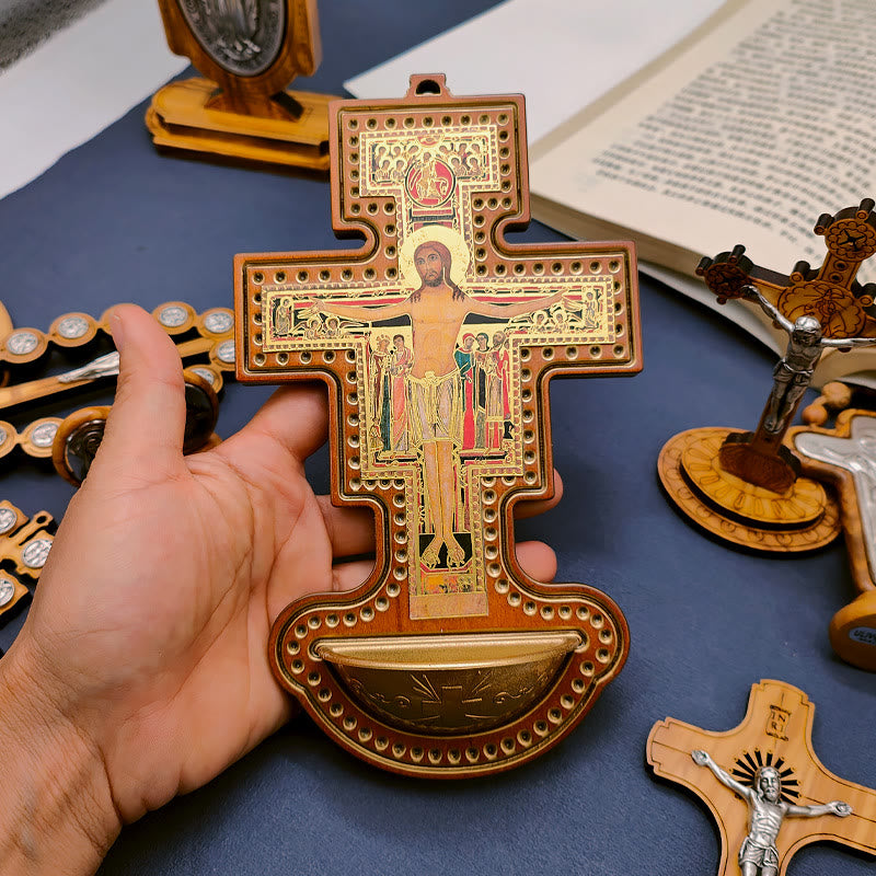 AMUSOUL  Damian Holy Water Font Station of the Cross Olive Wood Cross