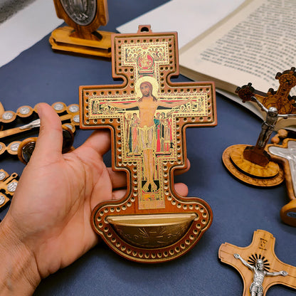 AMUSOUL  Damian Holy Water Font Station of the Cross Olive Wood Cross