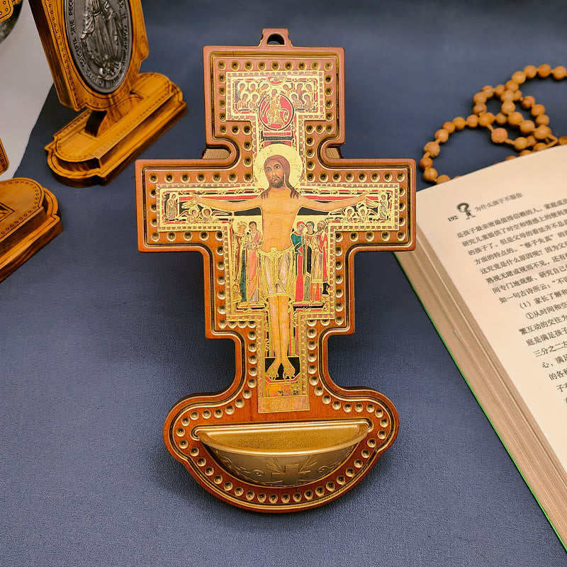 AMUSOUL  Damian Holy Water Font Station of the Cross Olive Wood Cross