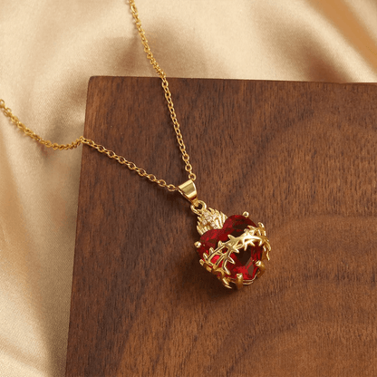 AMUSOUL Modern Style Crafted Red Gemstones Sacred Heart of Jesus Pendant Necklace