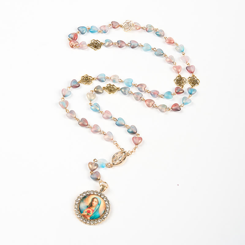 AMUSOUL Miraculous Medal & Immaculate Heart of 10mm Heart Rose Multicolor Glass Alloy Chain Rosary