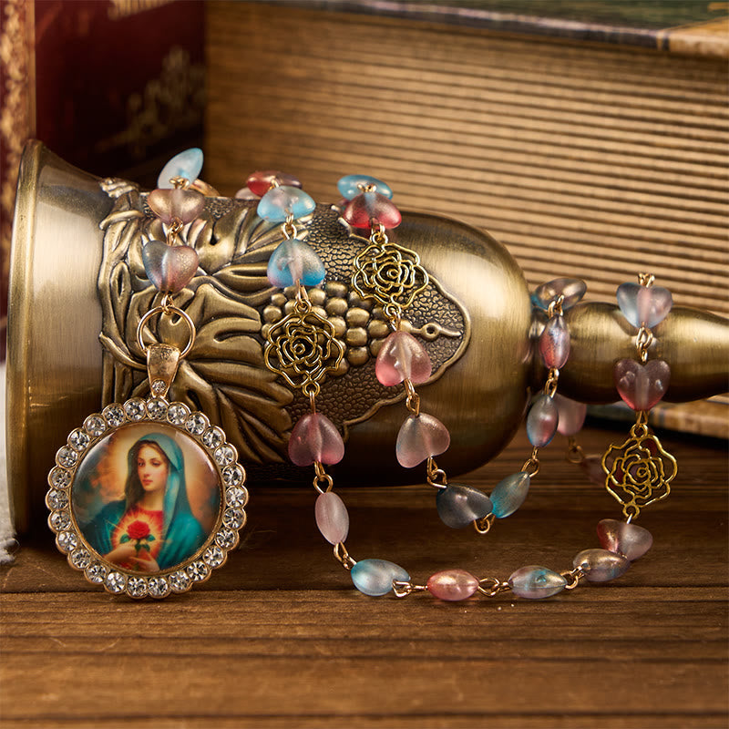 AMUSOUL Miraculous Medal & Immaculate Heart of 10mm Heart Rose Multicolor Glass Alloy Chain Rosary