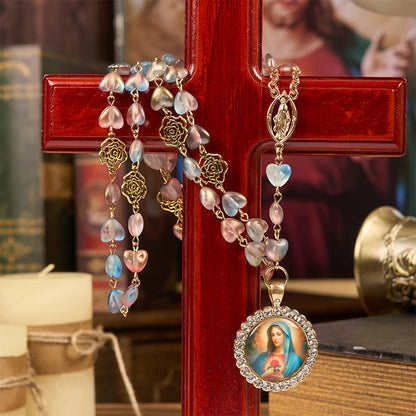 AMUSOUL Miraculous Medal & Immaculate Heart of 10mm Heart Rose Multicolor Glass Alloy Chain Rosary