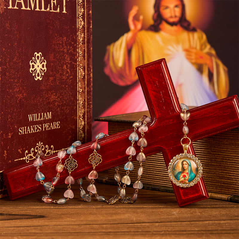 AMUSOUL Miraculous Medal & Immaculate Heart of 10mm Heart Rose Multicolor Glass Alloy Chain Rosary