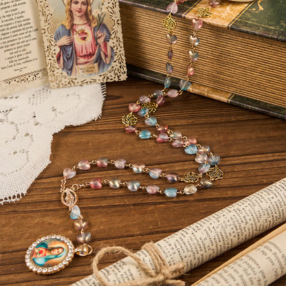 AMUSOUL Miraculous Medal & Immaculate Heart of 10mm Heart Rose Multicolor Glass Alloy Chain Rosary