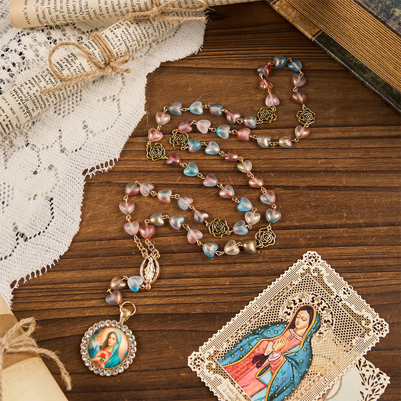 AMUSOUL Miraculous Medal & Immaculate Heart of 10mm Heart Rose Multicolor Glass Alloy Chain Rosary