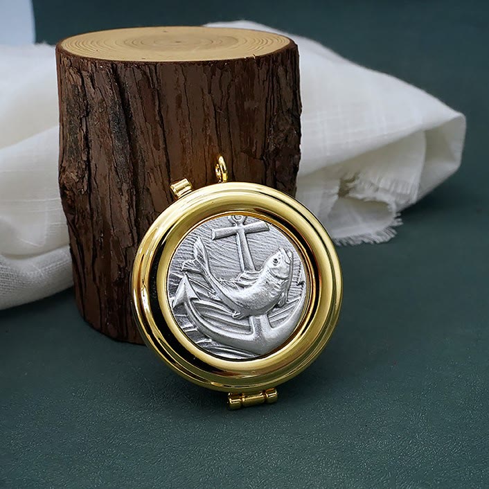 AMUSOUL  Gold-Plated Pyx with Fish and Anchor Design – Portable and Elegant Eucharistic Holder