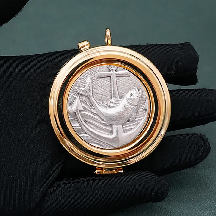 AMUSOUL  Gold-Plated Pyx with Fish and Anchor Design – Portable and Elegant Eucharistic Holder