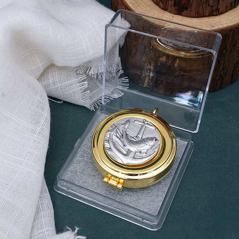 AMUSOUL  Gold-Plated Pyx with Fish and Anchor Design – Portable and Elegant Eucharistic Holder