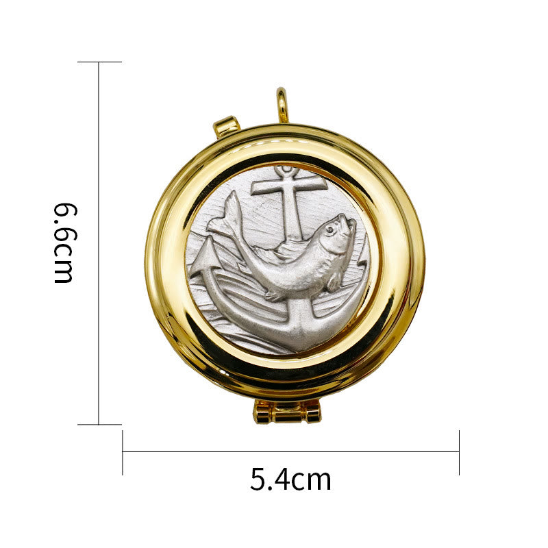 AMUSOUL  Gold-Plated Pyx with Fish and Anchor Design – Portable and Elegant Eucharistic Holder
