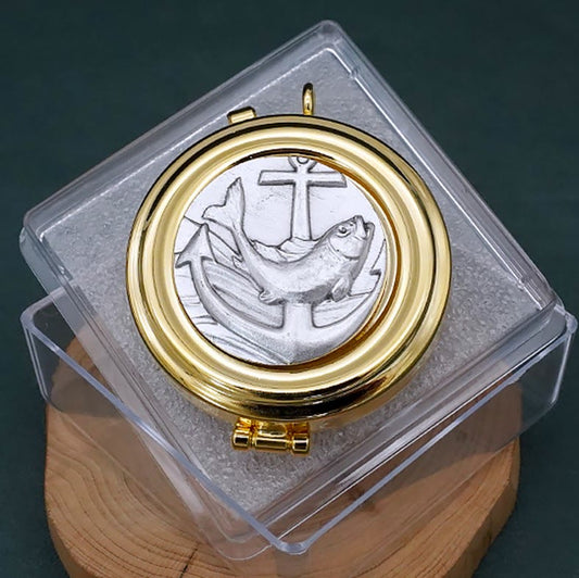 AMUSOUL  Gold-Plated Pyx with Fish and Anchor Design – Portable and Elegant Eucharistic Holder