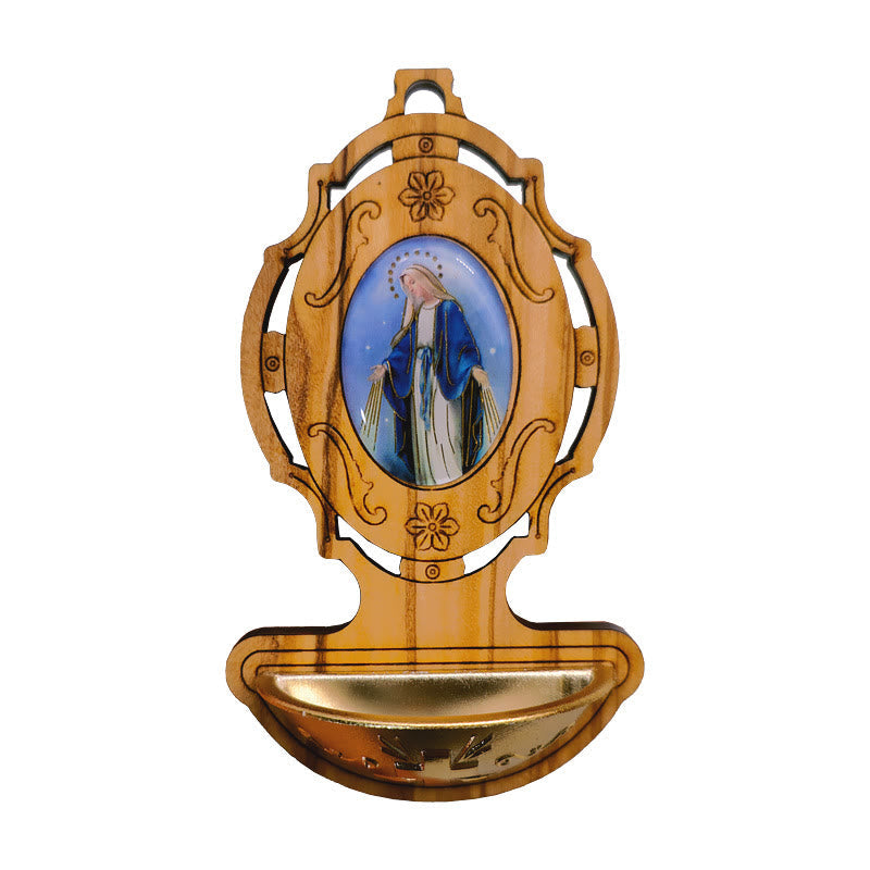 AMUSOUL  Miraculous Medal Holy Water Font Olive Wood Assumption of Our Lady