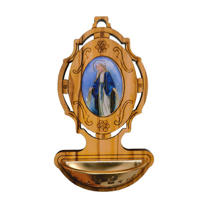 AMUSOUL  Miraculous Medal Holy Water Font Olive Wood Assumption of Our Lady